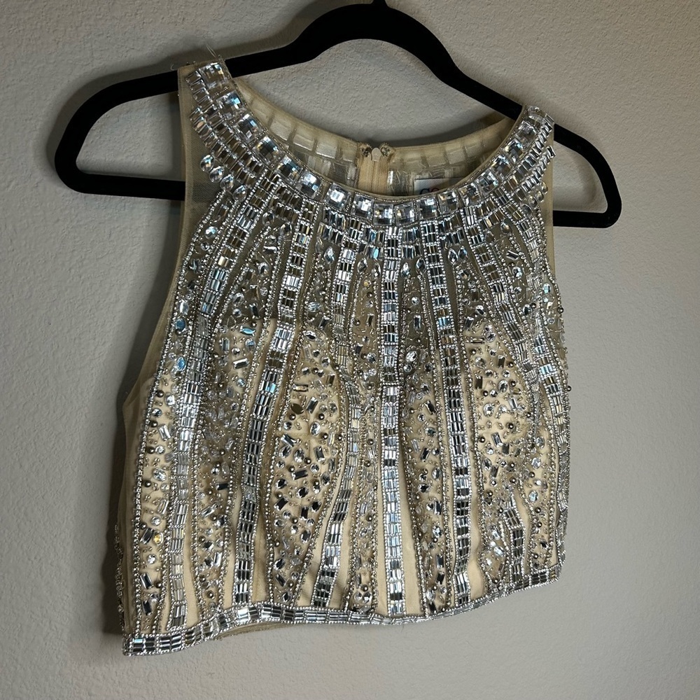 Bustier Women’s Size 10 Cream Mesh Classy Embellished Jewels Zip Back Dress Top